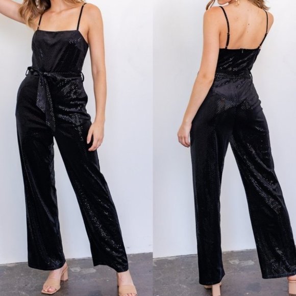 boho sparkle and shine belted black jumpsuit - Picture 1 of 6